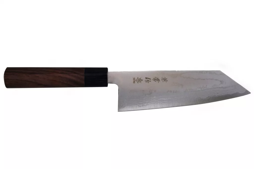 Couteau kiritsuke japonais Kane Tsune Blue Paper Steel Damas en aogami #2 avec une lame de 17 cm