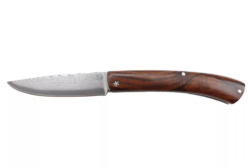 Couteau pliant artisanal Le Pastellier de Thomas Fronteau - manche en bois de fer d'Arizona et lame en acier suminagashi